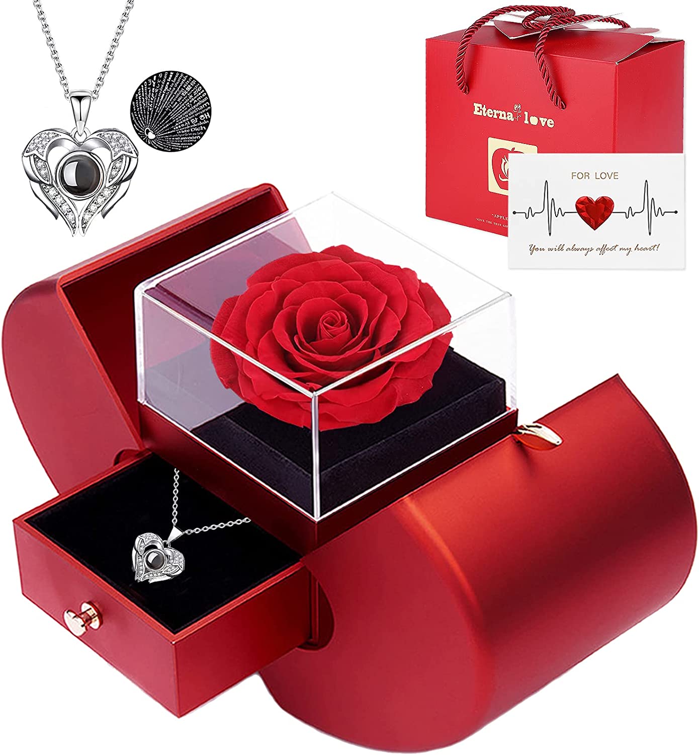 Valentines Day Gifts Preserved Real Rose w/ 925 Sterling Silver Necklace, Gifts for Her, Red