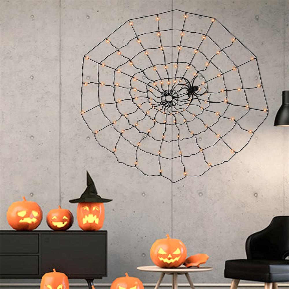 60 LED Halloween Spider Net Web String Lights w/ Black Spider