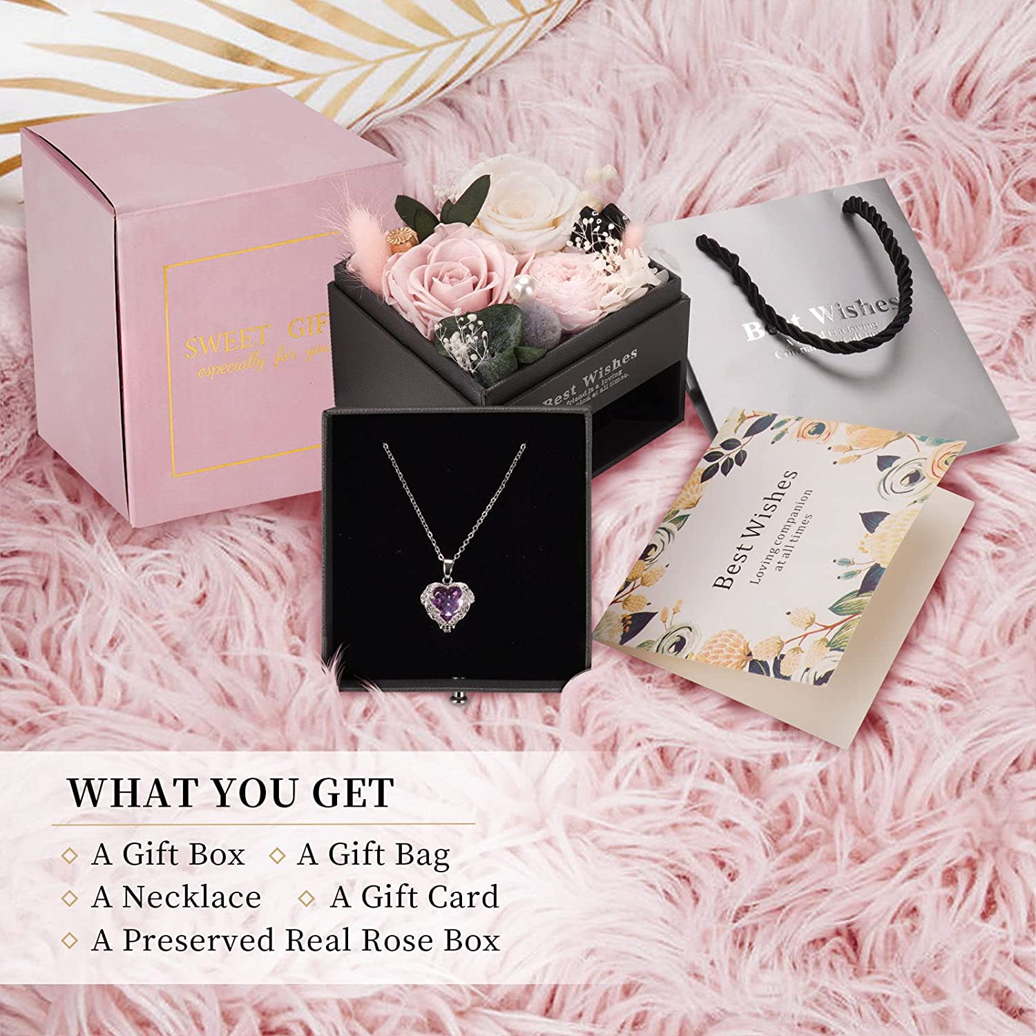 Forever Preserved Real Rose Eternal Flowers With White Gold Plated Necklace, Pink