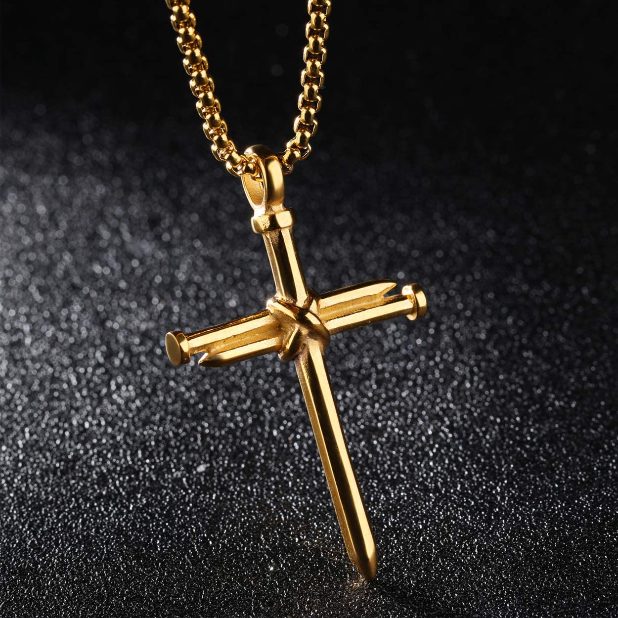 Men's Stainless Steel Nail Cross Pendant Necklace with 24 Inch Chain Polished Gold