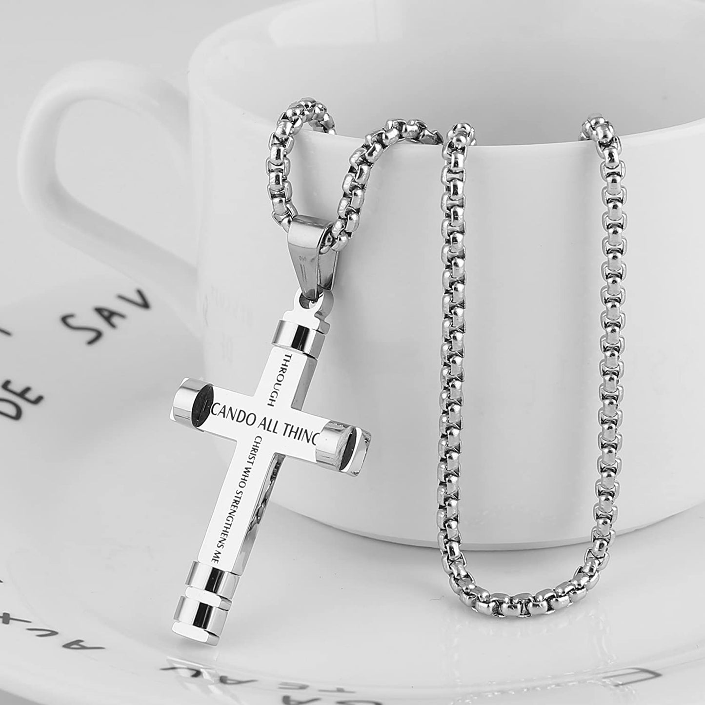 Philippians 4:13 Cross Pendant STRENGTH Bible Verse Stainless Steel Necklace Silver