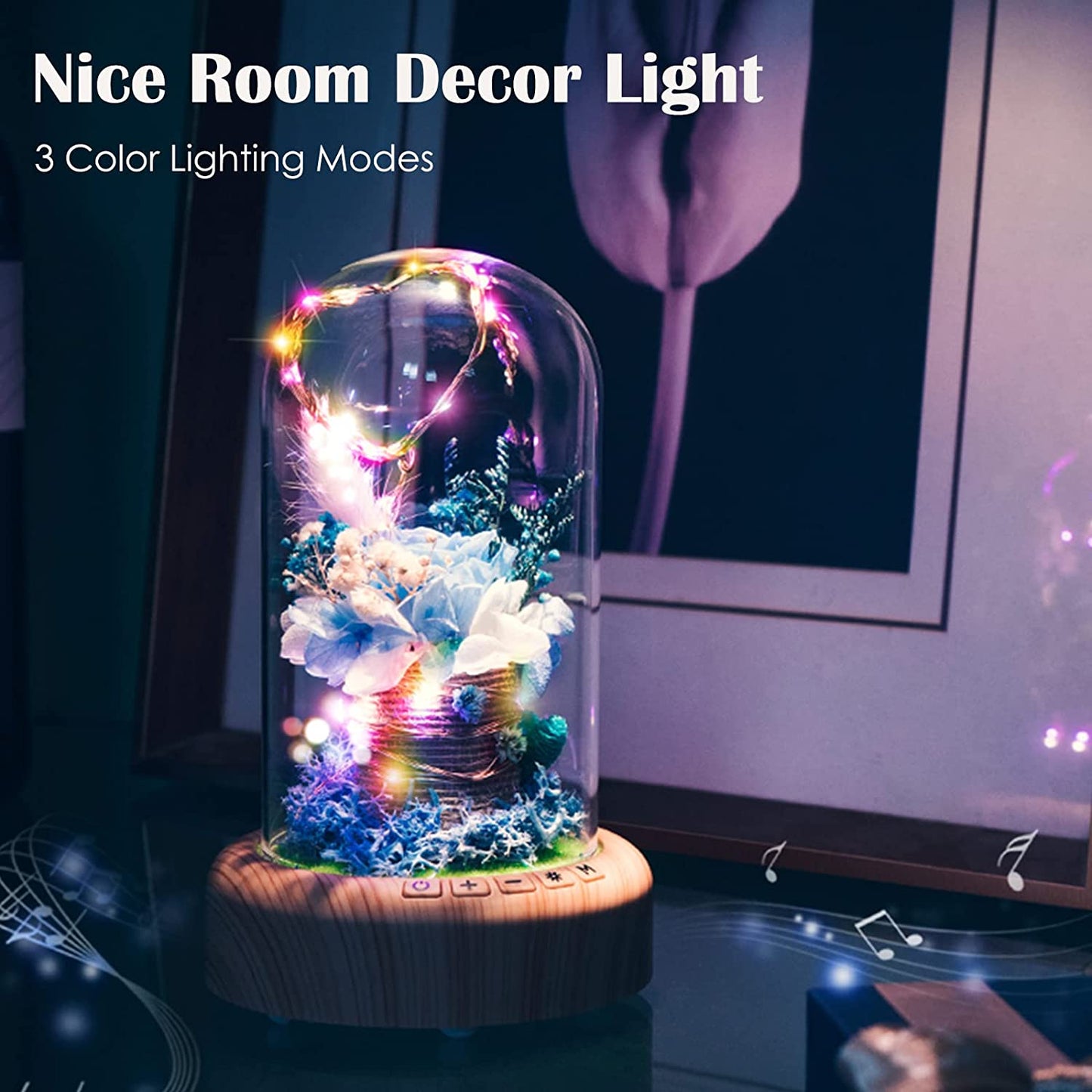 Blue Rose Led Lamp Real Preserved Rose in Glass Dome, Night Light w/ Bluetooth Speaker