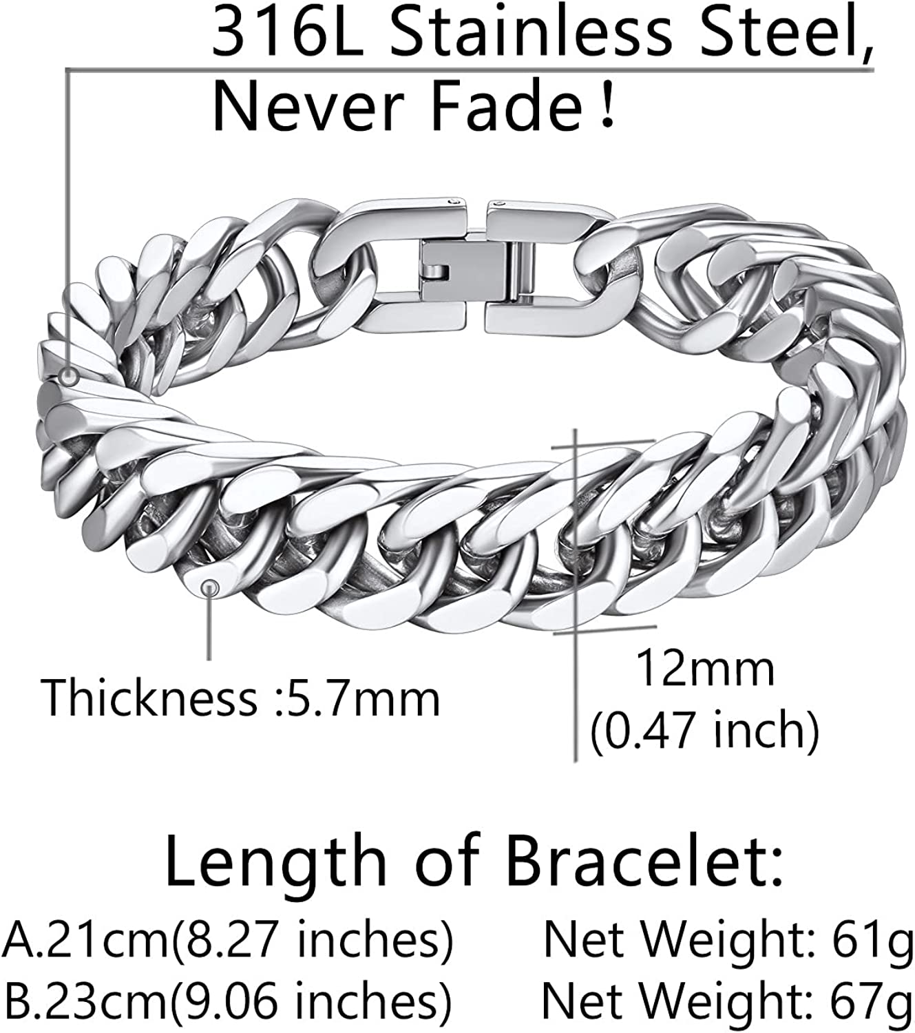 Stainless Steel/Gold/Black Plated Link Chain Bracelet for Men, 0-4 Steel 12mm Width