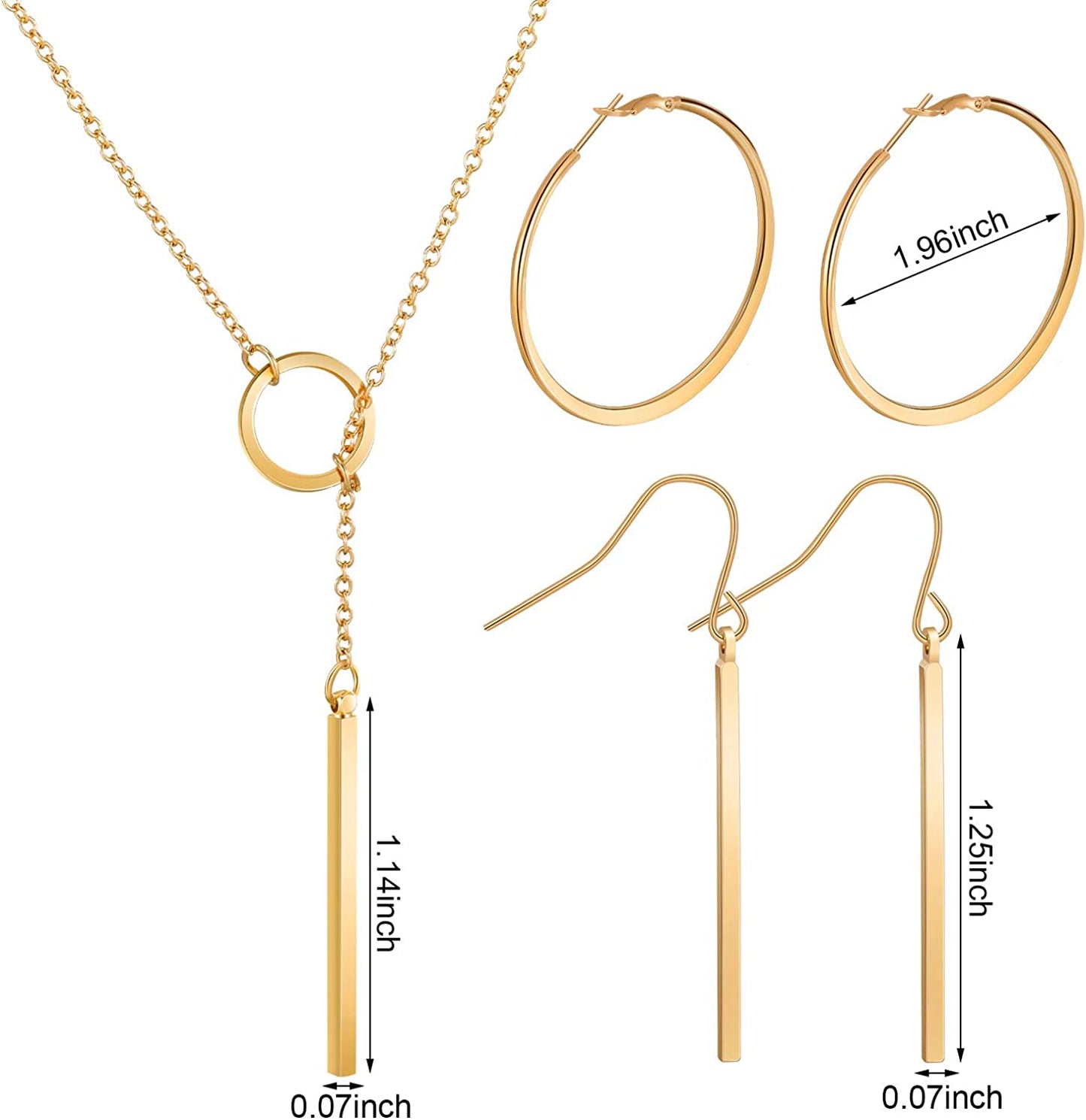 Simple Bar Jewelry Set Vertical Bar Necklace Earrings Adjustable Cuff Bracelet, Gold