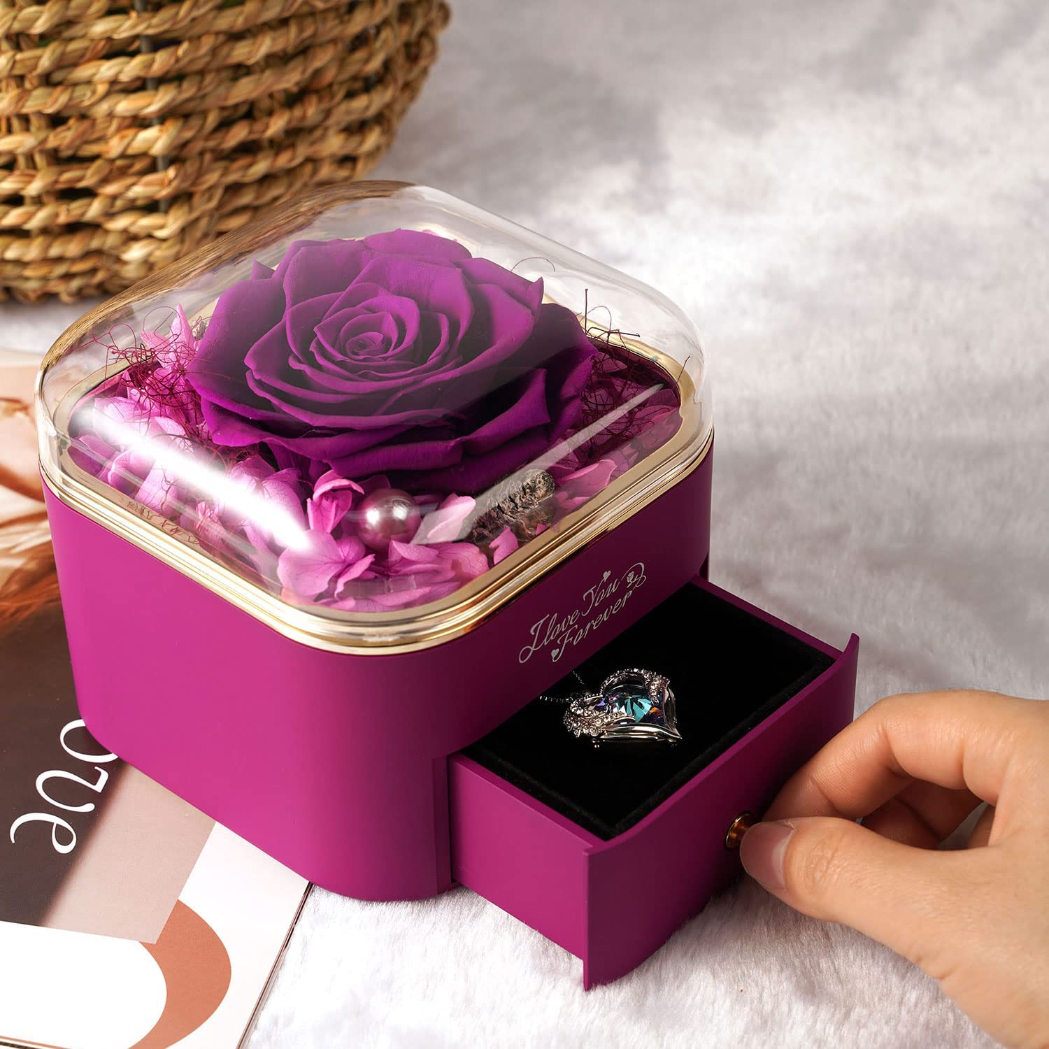 Valentines Day Gifts for Her Preserved Purple Rose with Purple Necklace for Women