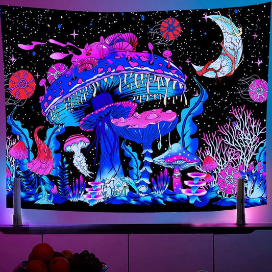 Blacklight Mushroom Tapestry Wall Monster Hanging for Bedroom, Living Room Decoration 59"x51"