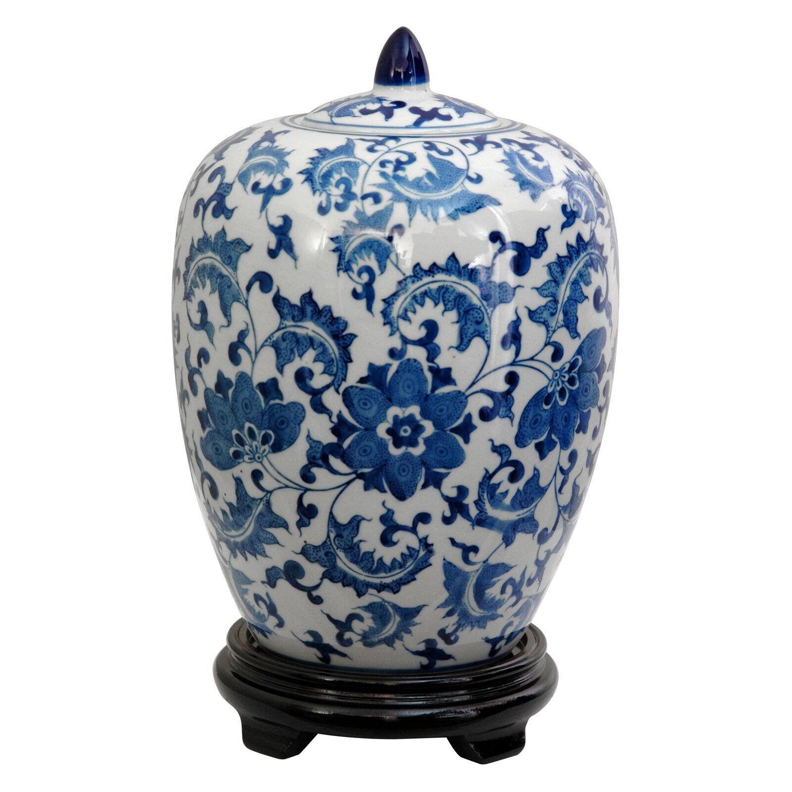 11" Floral Blue & White Porcelain Vase Jar