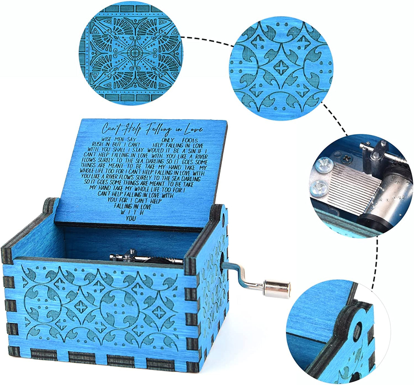 Can't Help Falling in Love Wood Music Box, Antique Engraved Best Gift for Valentines Day   (Blue)