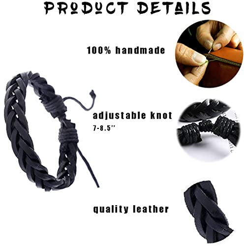 6 Packs Mens Punk Black Leather Bracelets