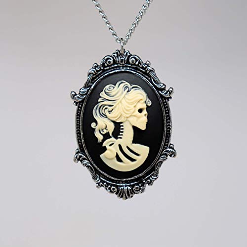 Real Metal Gothic  Skull Cameo in Pewter Frame Pendant Necklace