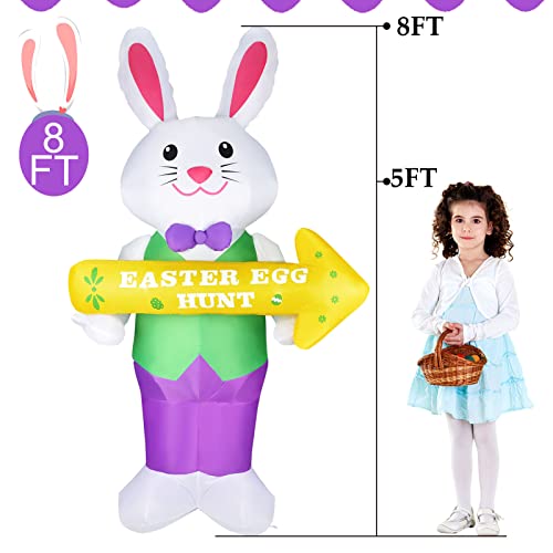 8 FT Easter Inflatables Outdoor Decoration, Bunny Holding Sign w/ Build in LEDs