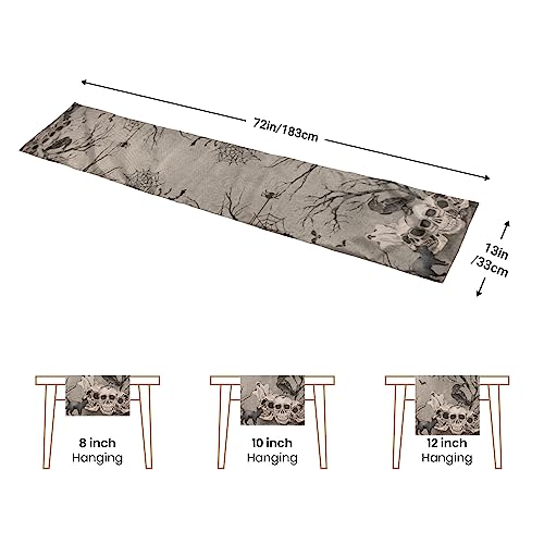 Halloween Table Runner , Vintage Cool Skull Black Cat Dresser Cover Gray Black Skeleton Burlap Day of Dead