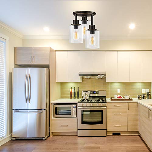 Semi Flush Mount Ceiling 3-Light Fixtures, w/ Clear Seeded Glass Shade