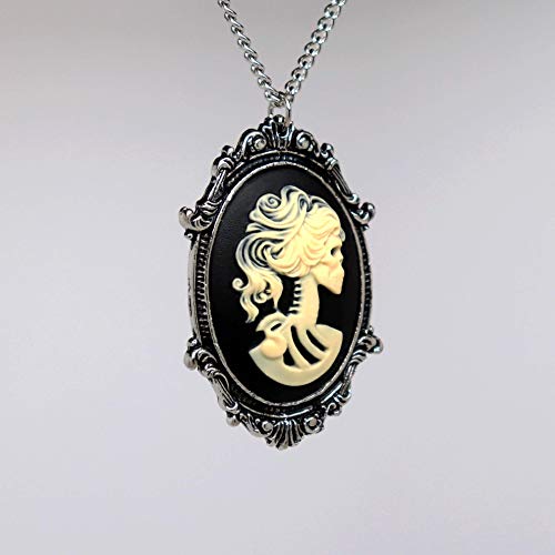 Real Metal Gothic  Skull Cameo in Pewter Frame Pendant Necklace