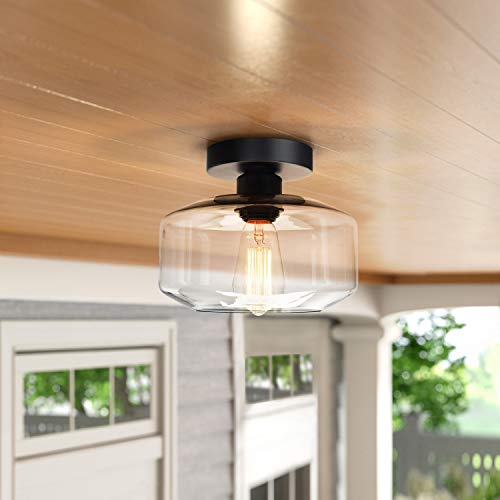 Industrial Semi Flush Mount Ceiling Light, Clear Glass Pendant Lamp Shade