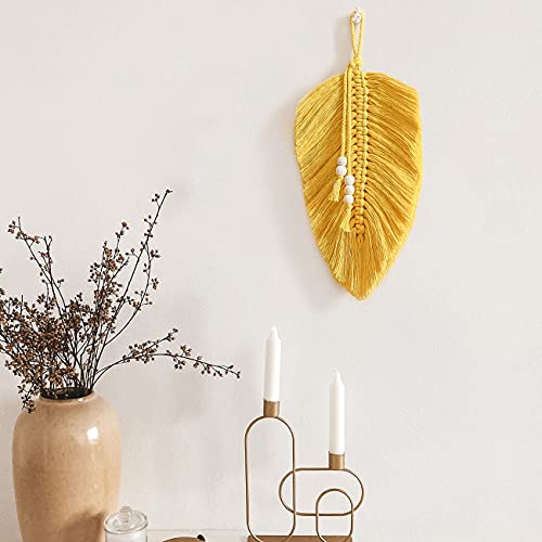 Cotton Macrame Feather Leaf w/  Wooden Beads Wall Decoration