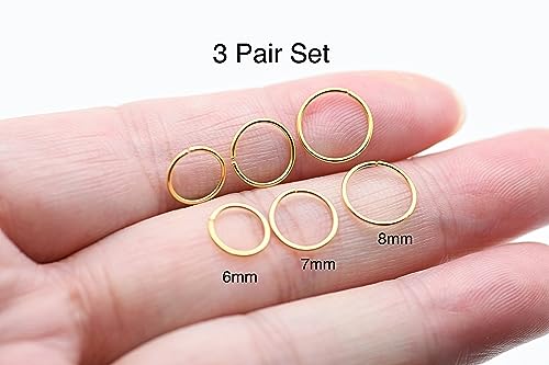 3 Pairs 14k Gold Plated Sterling Silver Small Hoop Earrings Set for Women Cartilage Nose Septum Helix Tragus Rings