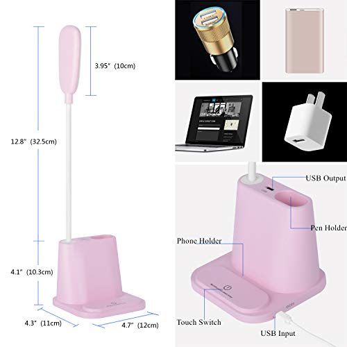 Rechargeable Desk Lamp w/ USB Charging Port, Pen Holder & Phone Holder