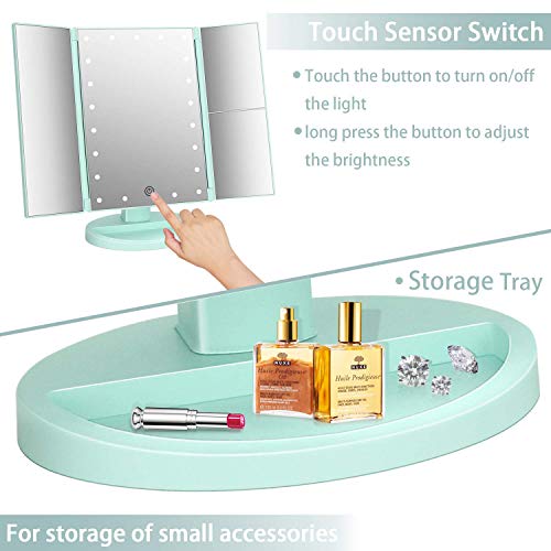 Tri-fold Lighted Vanity Makeup Mirror w/ 3x/2x Magnification, Touch Screen &180 Degree Free Rotation