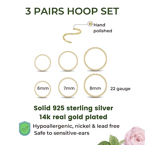 3 Pairs 14k Gold Plated Sterling Silver Small Hoop Earrings Set for Women Cartilage Nose Septum Helix Tragus Rings