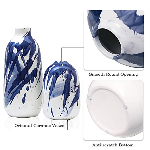 Oriental Blue & White Ceramic Vase Set of 2, Glazed Vases for Home Decoration, 7.2″ & 11.4″ Tall