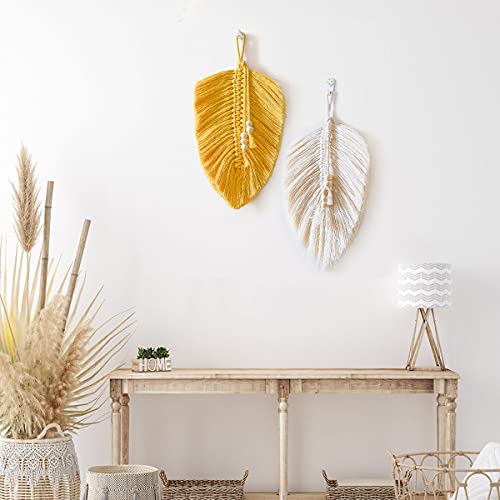 Cotton Macrame Feather Leaf w/  Wooden Beads Wall Decoration