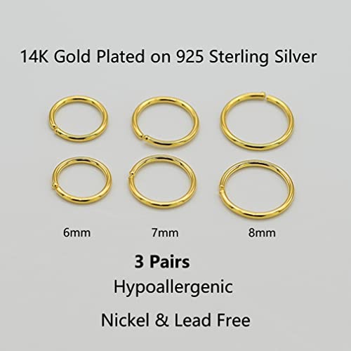 3 Pairs 14k Gold Plated Sterling Silver Small Hoop Earrings Set for Women Cartilage Nose Septum Helix Tragus Rings