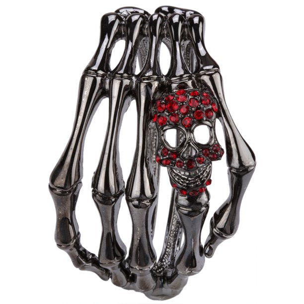 Skull Skeleton Hand Hinged Bangle Bracelet for Women Fit Wrist Circumference 6.5 to 7.5 inch - Red