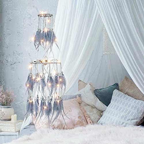 Double Circle Feather Dream Catcher w/ Mobile LED Fairy Lights Wall Ornaments