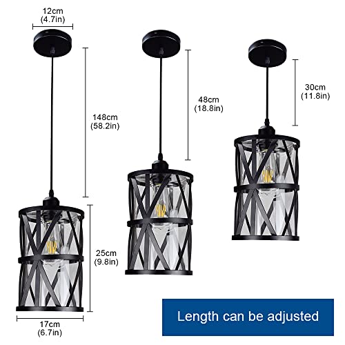 3-Light Industrial Pendant Light, Black Metal Cage Chandelier Lights