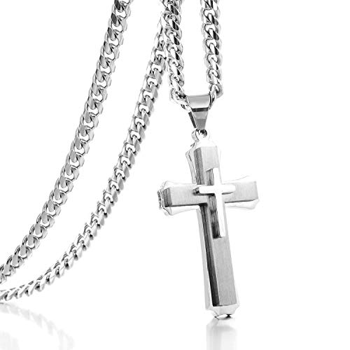 Cross Pendant Necklace Stainless Steel Double Cross Necklace with 24 inches Cuban Link Chain