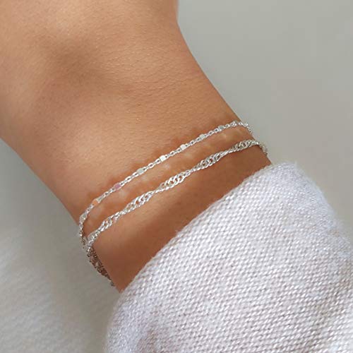 Double Layered Sterling Silver Bracelet, Length 6.5-7.5 Inches, Stranded Satellite Chain Bracelets for Women,