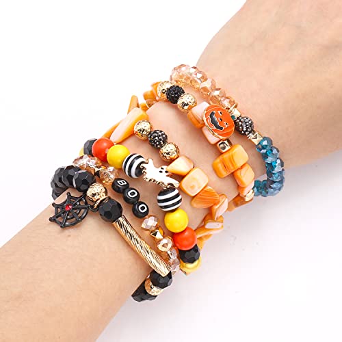 Halloween Beaded Bracelets Pumpkin Spider Ghost Charms Bracelets BOO Stretch Bracelets Holiday Set