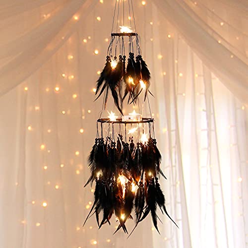 Double Circle Feather Dream Catcher w/ Mobile LED Fairy Lights Wall Ornaments