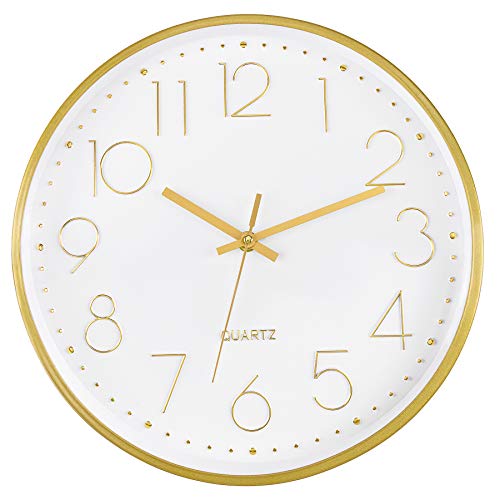 Gold Wall Clock 12 Inch Silent Non-Ticking Battery Operated Round