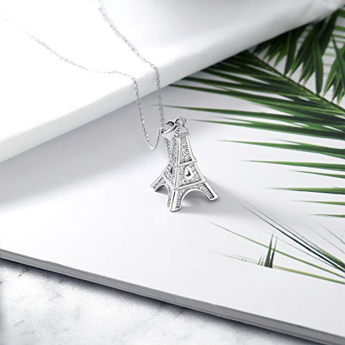 925 Sterling Silver France Eiffel Tower  CZ Pendant Necklace for Women