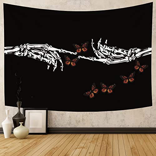 Skeleton Tapestry Butterfly Wall Hanging Black and White Finger Bones Sign Hand Trippy