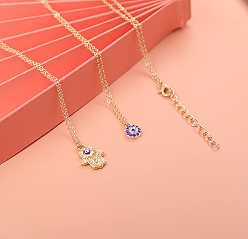 Gold Dainty Evil Eye Necklace & Hamsa Necklace Turkish Blue Eye Pendant for Women