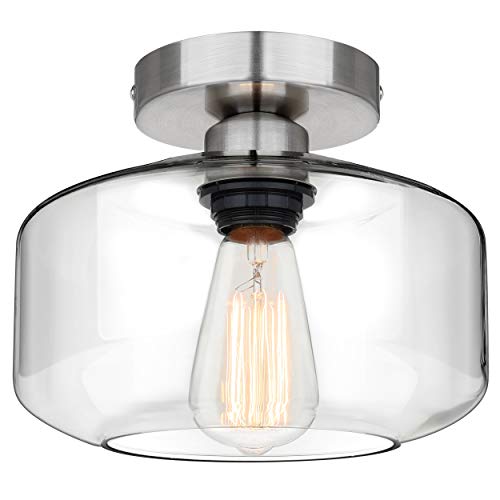 Industrial Semi Flush Mount Ceiling Light, Clear Glass Pendant Lamp Shade