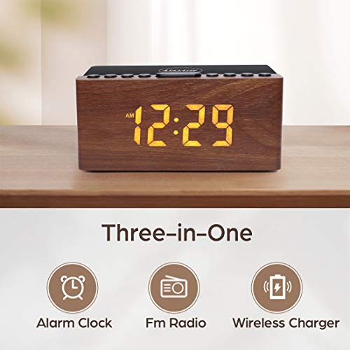 Wooden Digital Alarm Clock FM Radio,10W Fast Wireless Charger Station for iPhone/Samsung Galaxy 5