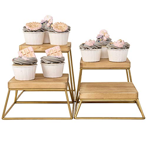 Burnt Wood & Gold Metal Wire Square Food Display Risers, Set of 4