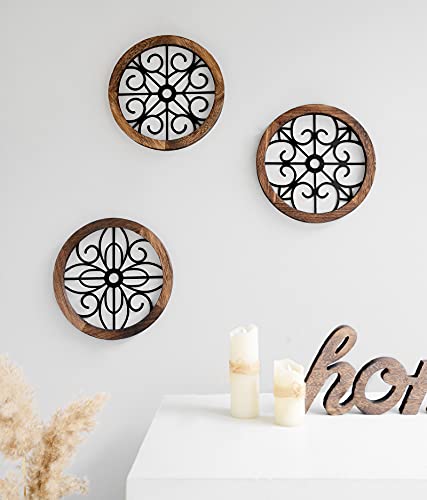 3 Pack Rustic Wall Decoration Round Wall Art Geometric Scrolled Metal w/ Wooden Frame-Brown