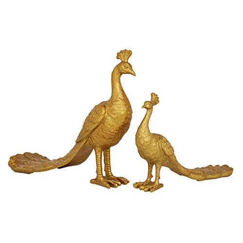 2 Farmhouse Resin Peacocks Sculpture, S/2 11", 14" H, Gold