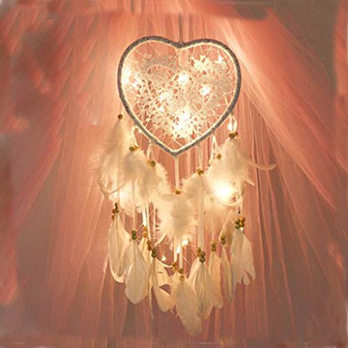 LightsFashion Handmade LED Light Dream Catcher with Feather Love Heart Dream Catcher Night Light Home