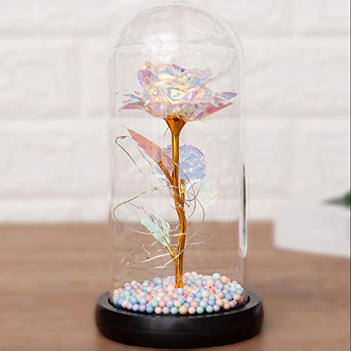 Galaxy Rose Flowers Forever Enchanted with Colorful LED Light in Glass Dome for Romantic Gifts