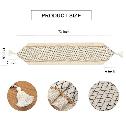 Table Runner, Boho Style with Tassels, Cotton & Linen, Farmhouse Home Decor for Living Room Dresser Scarfs