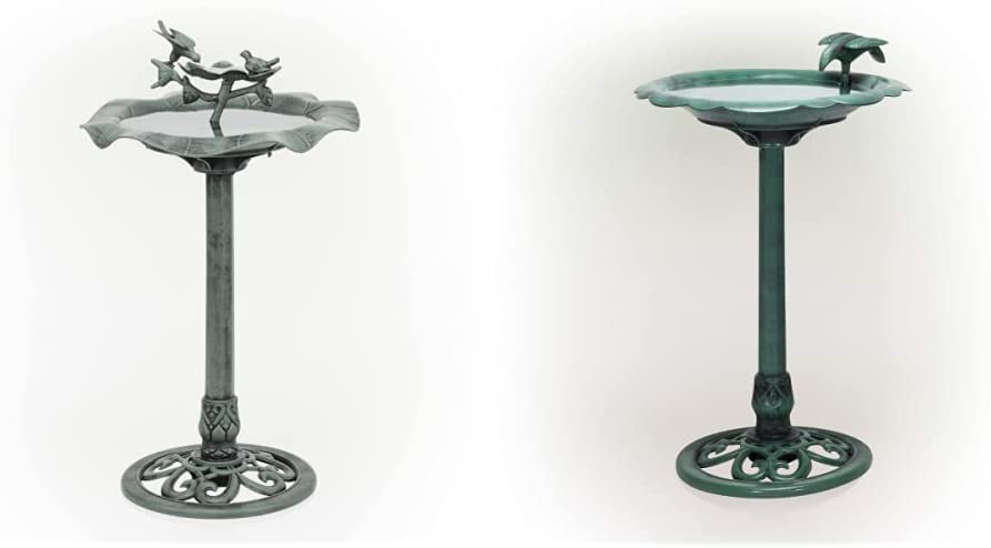 Birdbath Yard Statue, 20" L x 20" W x 33" H, Green & TEC114 Antique Flower Birdbath, 20" L x 20" W x 31" H, Green