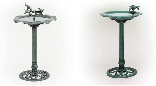 Birdbath Yard Statue, 20" L x 20" W x 33" H, Green & TEC114 Antique Flower Birdbath, 20" L x 20" W x 31" H, Green