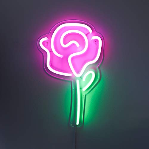 15" x 9" inch LED Neon Pink Rose Flower w/ Green Stem Wall Sign Decoration