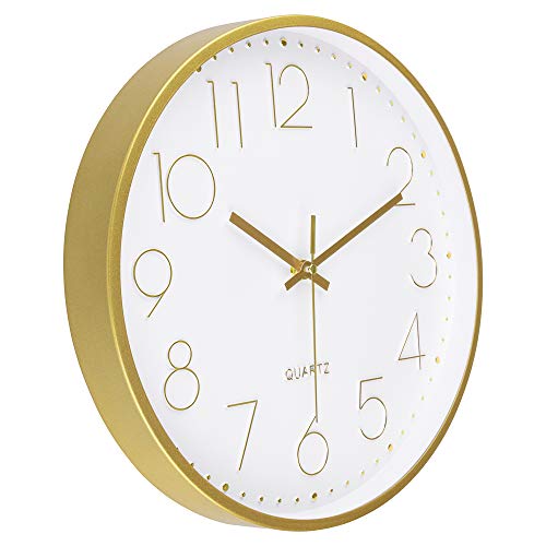 Gold Wall Clock 12 Inch Silent Non-Ticking Battery Operated Round